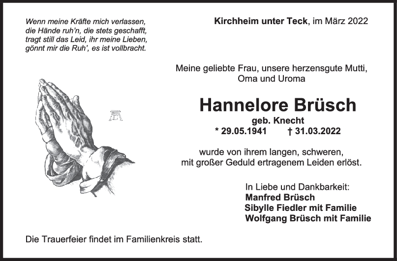 Trauer Hannelore Brüsch 02/04/2022
