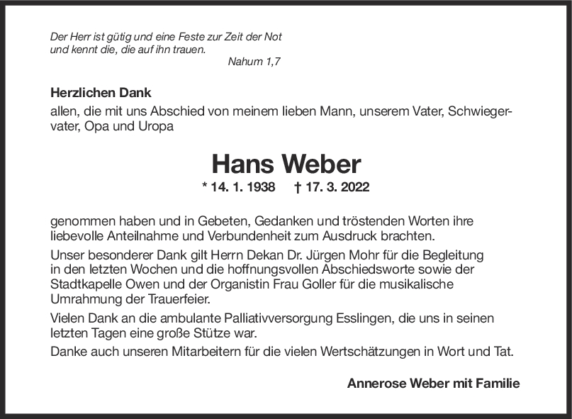 Danksagung Hans Weber <br><p style=