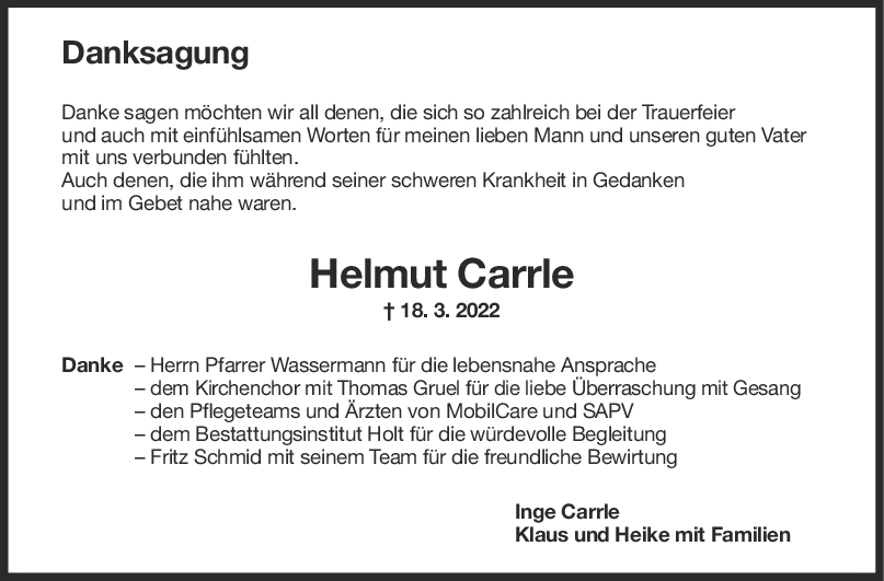 Danksagung Helmut Carrle <br><p style=