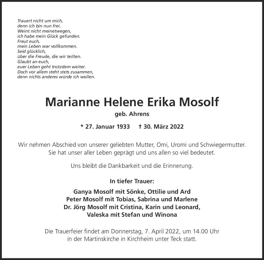 Trauer Marianne Helene Erika Mosolf <br><p style=