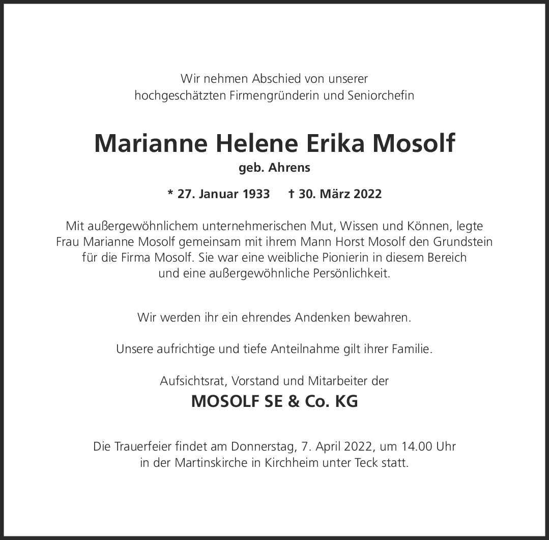 Nachruf Marianne Helene Erika Mosolf <br><p style=