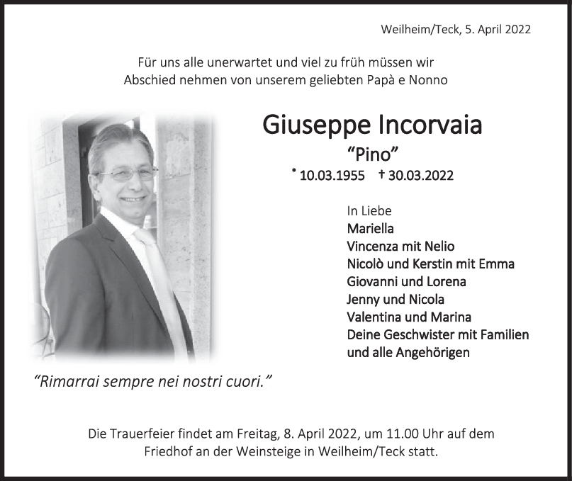 Trauer Giuseppe Incorvaia 05/04/2022