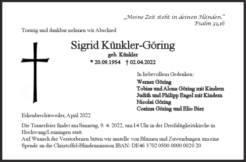 Trauer Sigrid Künkler-Göring 05/04/2022