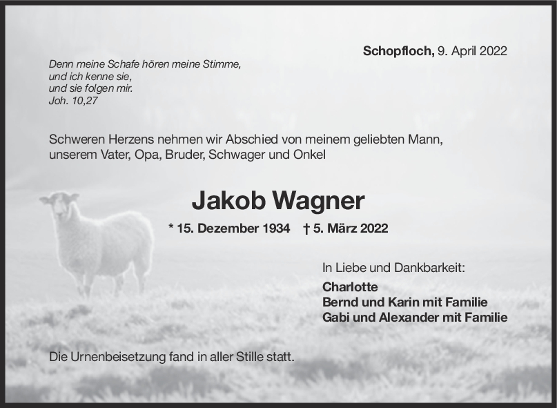 Trauer Jakob Wagner 09/04/2022