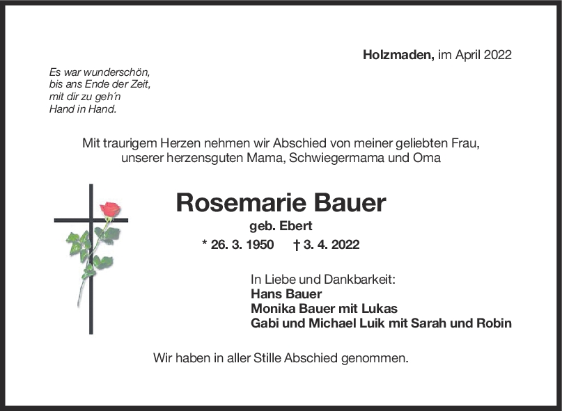 Trauer Rosemarie Bauer <br><p style=