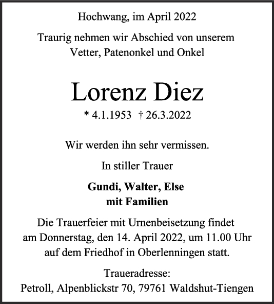 Trauer Lorenz Diez 09/04/2022