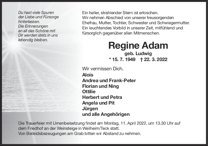 Trauer Regine Adam 09/04/2022