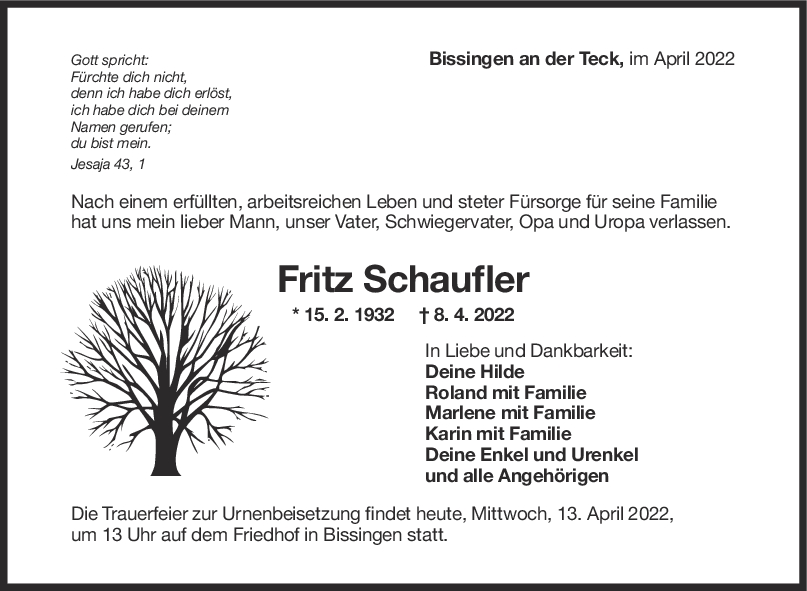 Trauer Fritz Schaufler <br><p style=