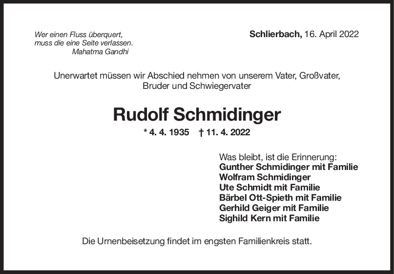 Trauer Rudolf Schmidinger 16/04/2022