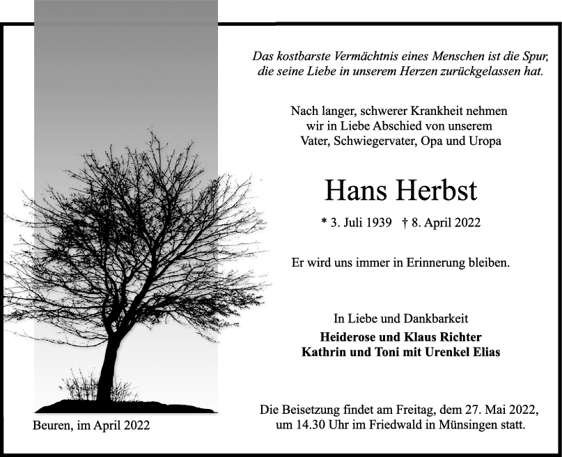 Trauer Hans Herbst 16/04/2022