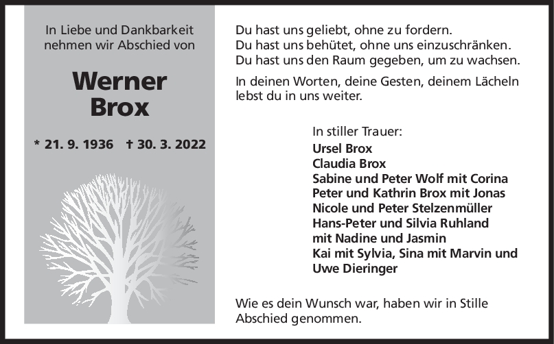 Trauer Werner Brox <br><p style=