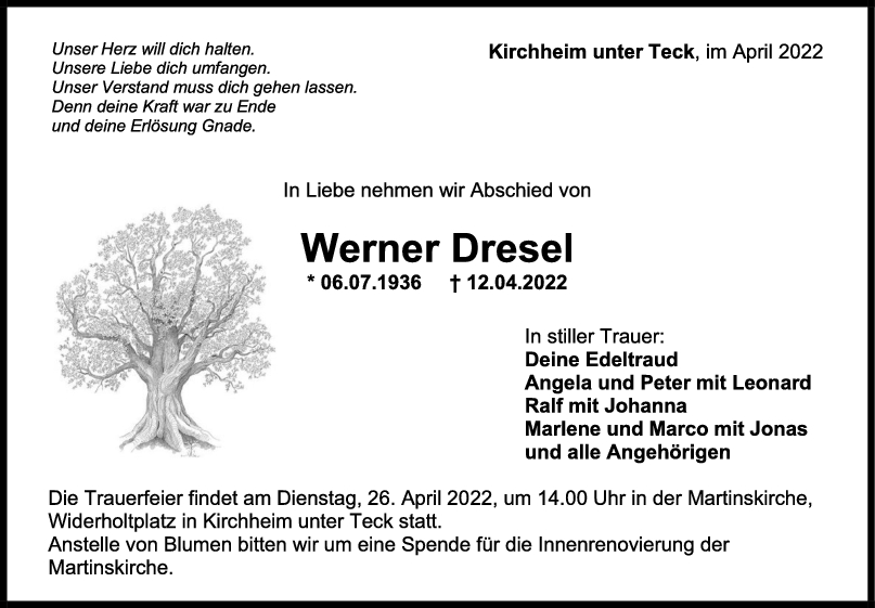 Trauer Werner Dresel 16/04/2022