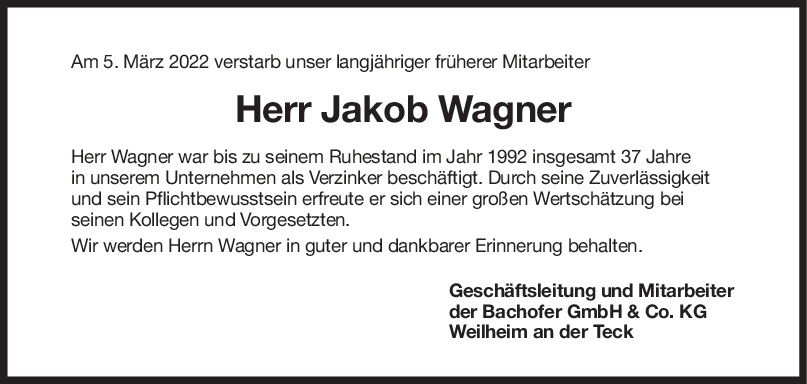 Nachruf Jakob Wagner <br><p style=