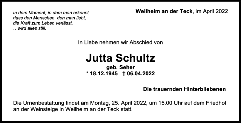 Trauer Jutta Schultz 23/04/2022