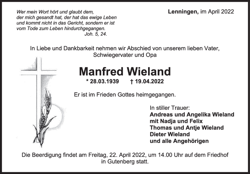 Trauer Manfred Wieland 20/04/2022