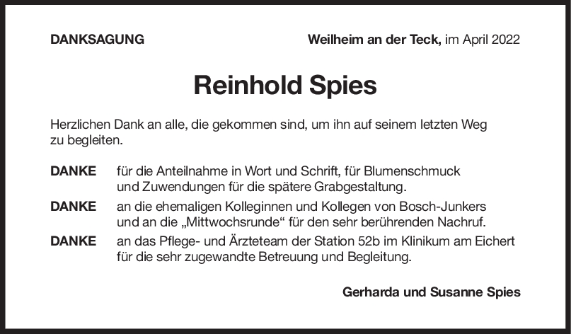 Danksagung Reinhold Spies <br><p style=