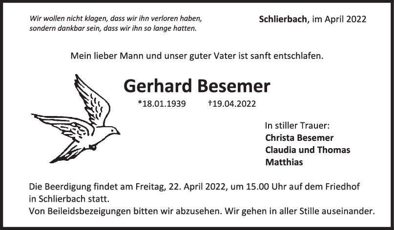 Trauer Gerhard Besemer 21/04/2022