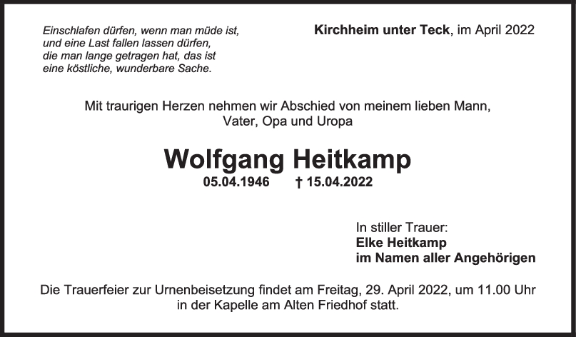 Trauer Wolfgang Heitkamp 23/04/2022
