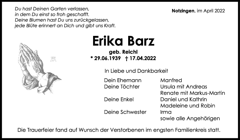 Trauer Erika Barz 30/04/2022