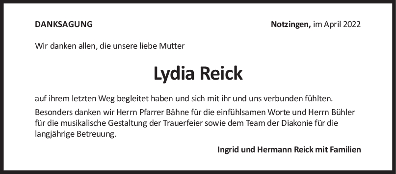 Danksagung Lydia Reick <br><p style=