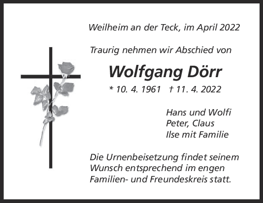 Trauer Wolfgang Dörr 23/04/2022