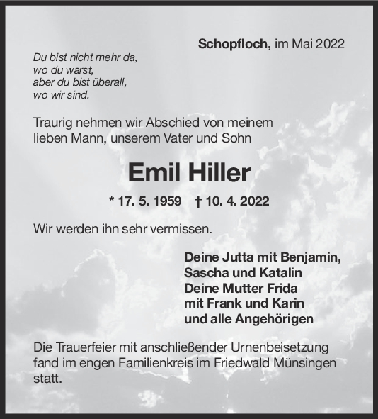 Trauer Emil Hiller 07/05/2022