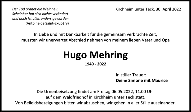 Trauer Hugo Mehring <br><p style=