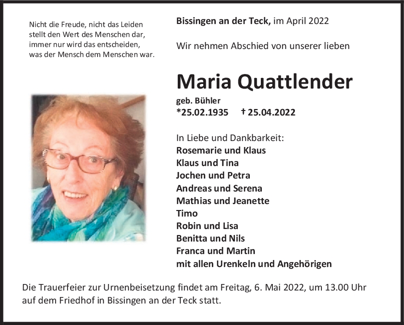 Trauer Maria Quattlender <br><p style=