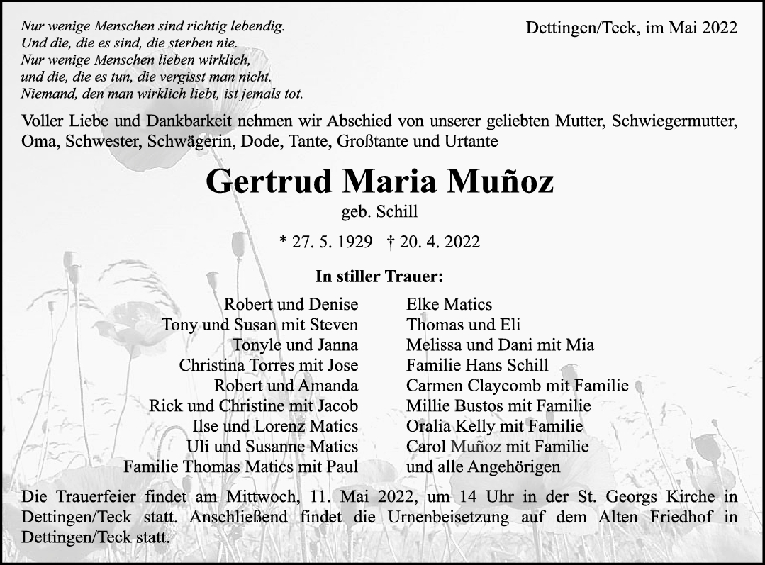 Trauer Gertrud Maria Munoz 07/05/2022