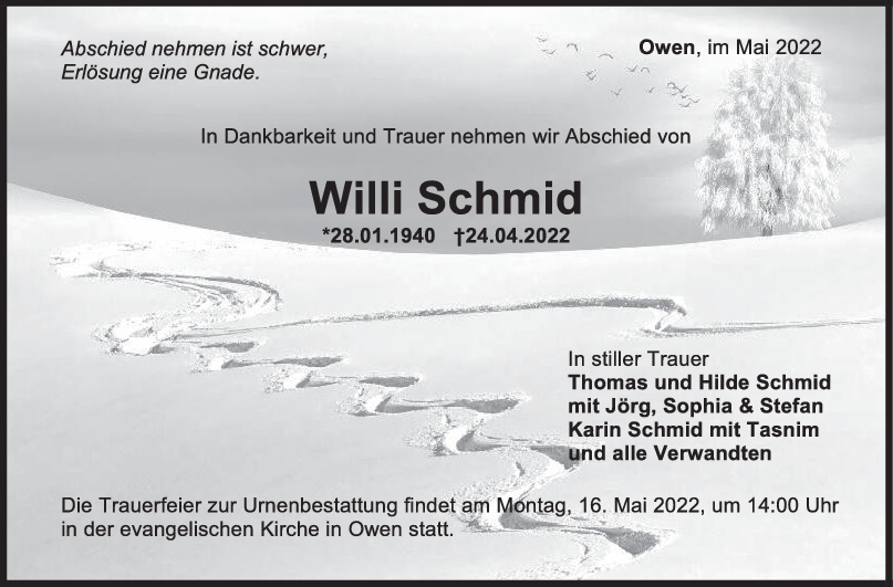 Trauer Willi Schmid <br><p style=