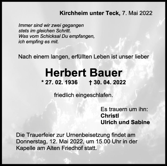 Trauer Herbert Bauer 07/05/2022