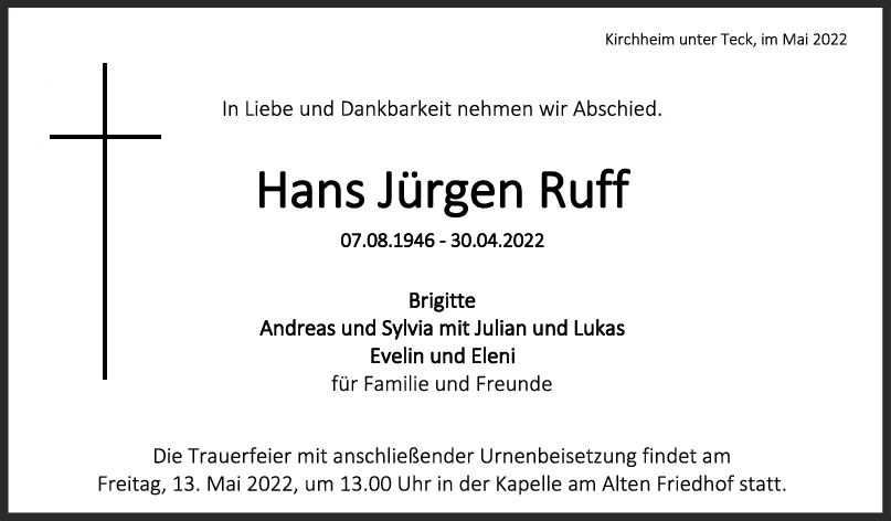 Trauer Hans Jürgen Ruff <br><p style=