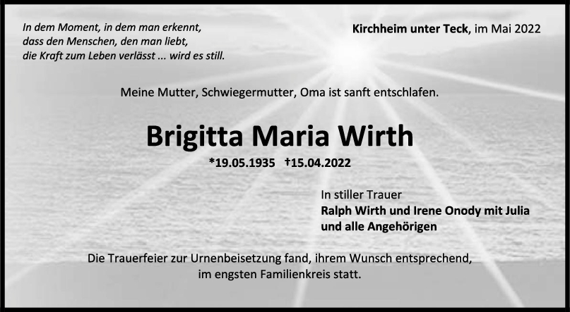 Trauer Brigitta Maria Wirth <br><p style=