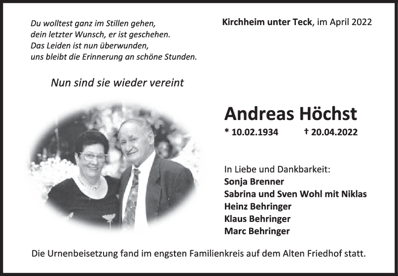 Trauer Andreas Höchst 07/05/2022