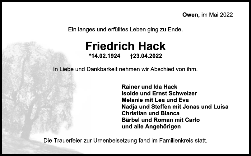 Trauer Friedrich Hack 07/05/2022