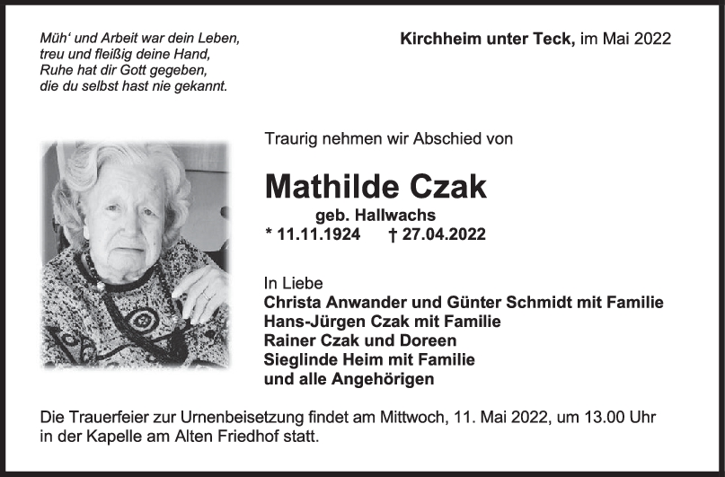 Trauer Mathilde Czak 07/05/2022
