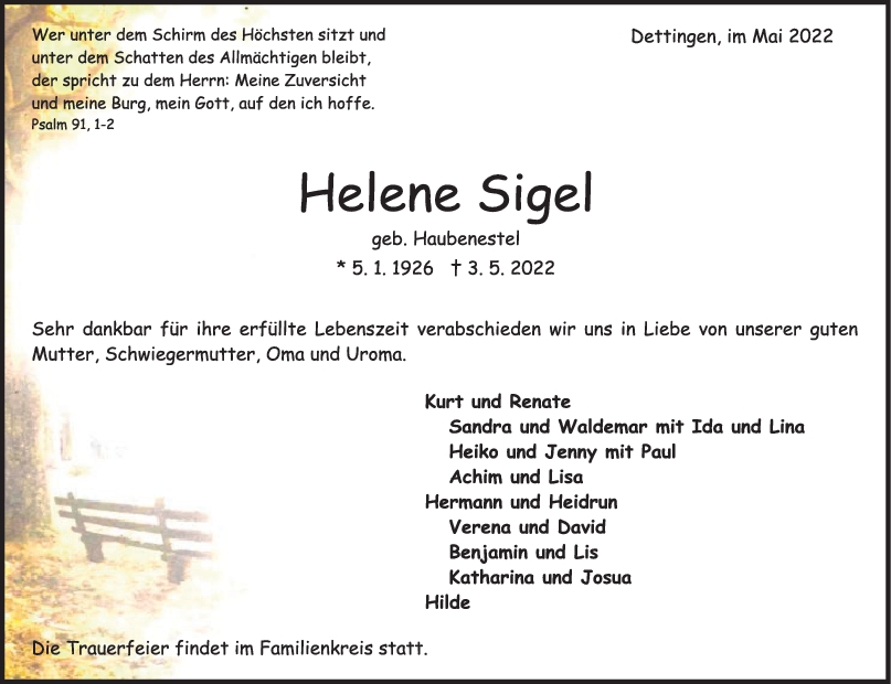 Trauer Helene Sigel 07/05/2022