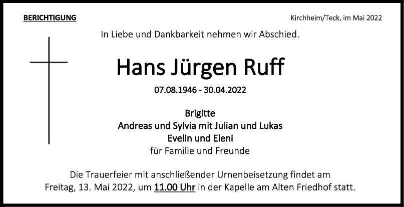 Trauer Hans Jürgen Ruff 09/05/2022