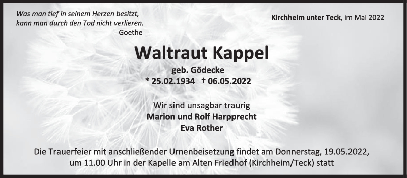 Trauer Waltraut Kappel 14/05/2022