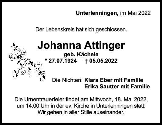 Trauer Johanna Attinger <br><p style=