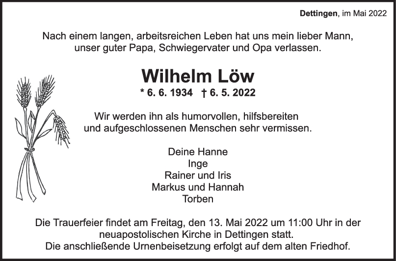 Trauer Wilhelm Löw <br><p style=