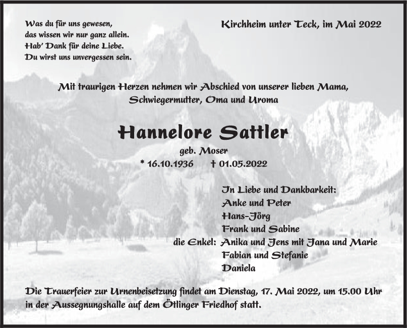 Trauer Hannelore Sattler <br><p style=