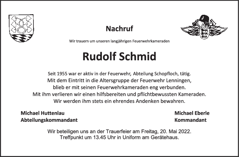 Nachruf Rudolf Schmid <br><p style=