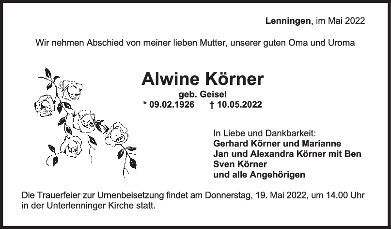 Trauer Alwine Körner <br><p style=