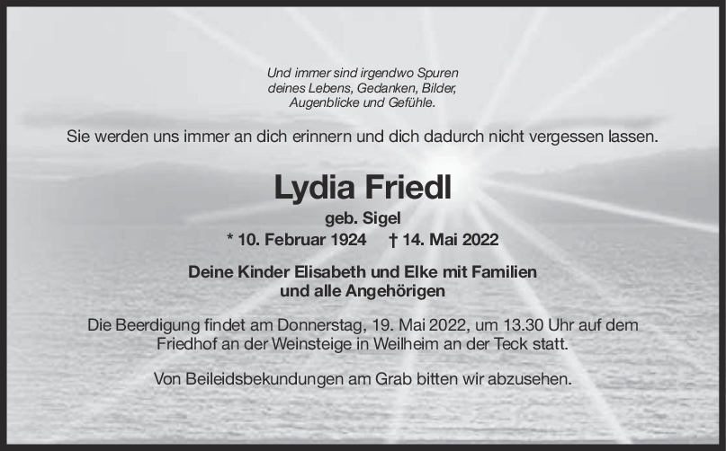 Trauer Lydia Friedl 18/05/2022