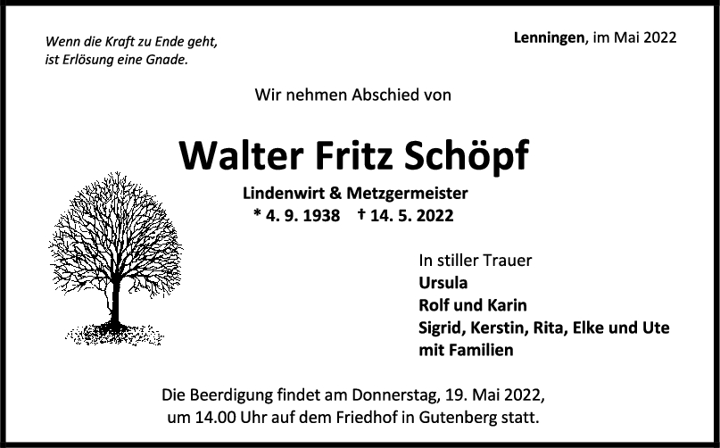 Trauer Walter Fritz Schöpf 18/05/2022