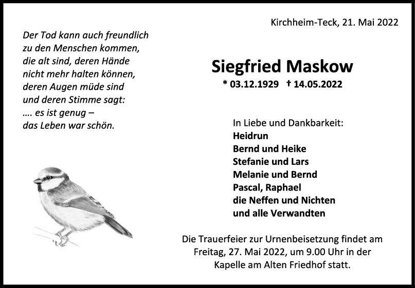 Trauer Siegfried Maskow <br><p style=