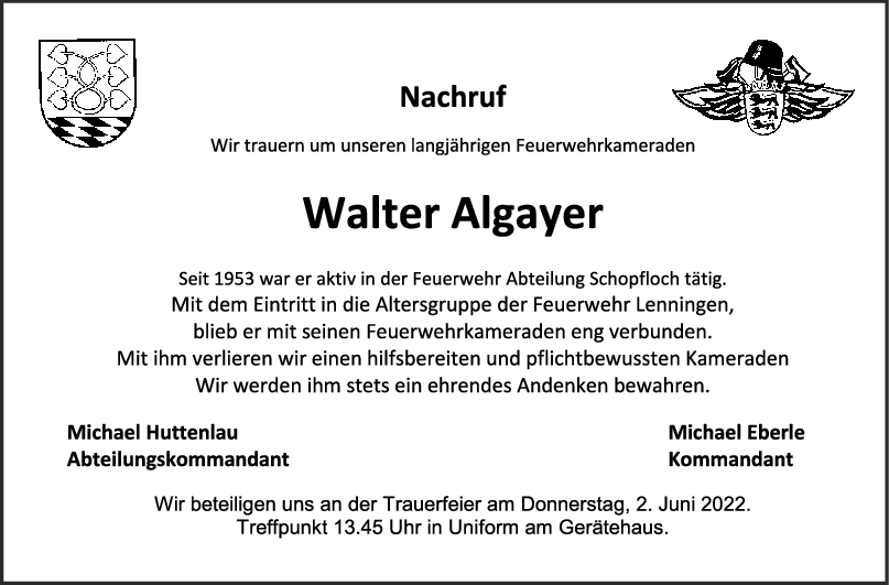 Nachruf Walter Algayer <br><p style=