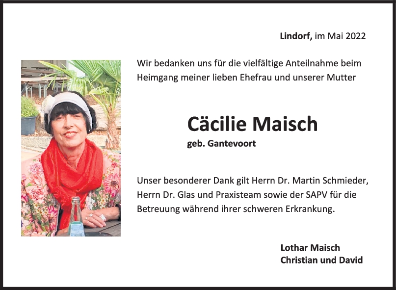Danksagung Cäcilie Maisch <br><p style=