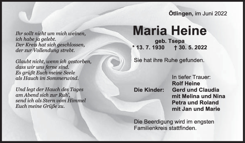 Trauer Maria Heine <br><p style=